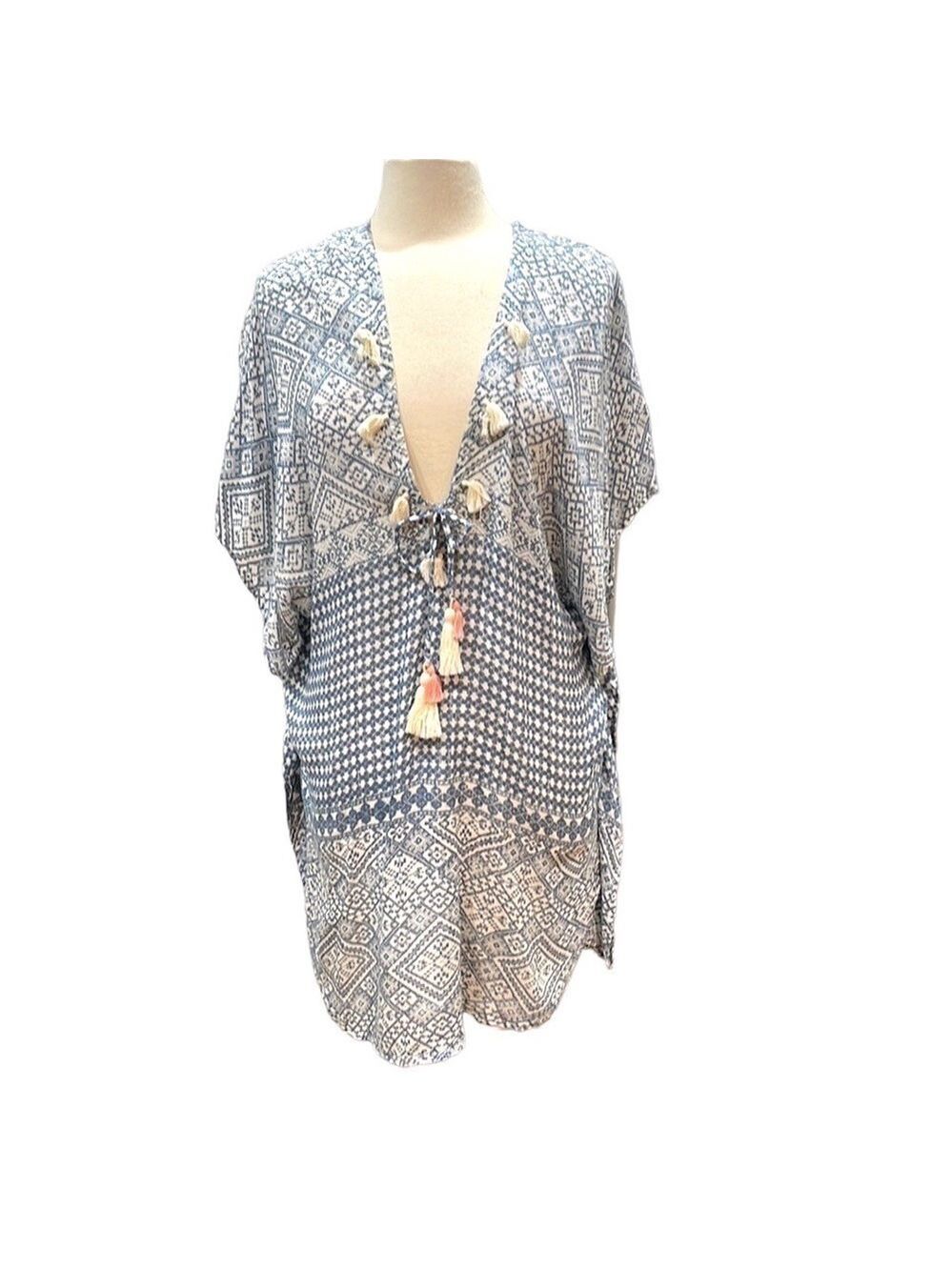 Cool Change Batik Print Tassel Swim Cover Up Blue White SZ‎ L